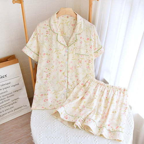 Load image into Gallery viewer, High Quality Women&#39;s Pajamas Set Summer Floral Print Natural Cotton Short Sleepwear Nightwear Homewear Lounge Femme
