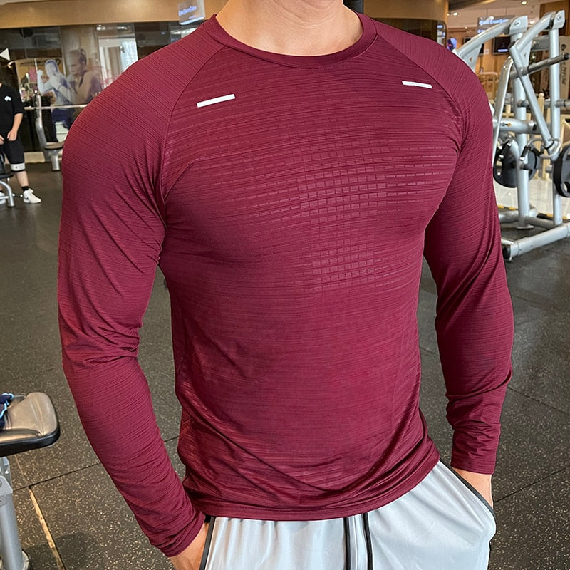 Quick Dry Gym Long Sleeve Shirt Men Fitness Training T-shirt Running Sport Bodybuilding Skinny Tee Tops Running Workout Clothing