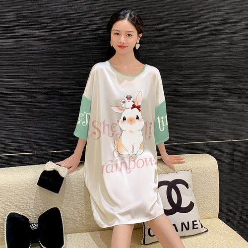 Load image into Gallery viewer, Women&#39;s Pajama Skirt Summer Thin Short Sleeve Medium Length Silk Like Nightwear Cartoon Nightdress Loose Home Clothing
