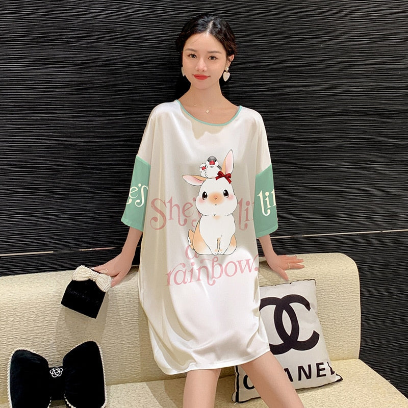 Women's Pajama Skirt Summer Thin Short Sleeve Medium Length Silk Like Nightwear Cartoon Nightdress Loose Home Clothing