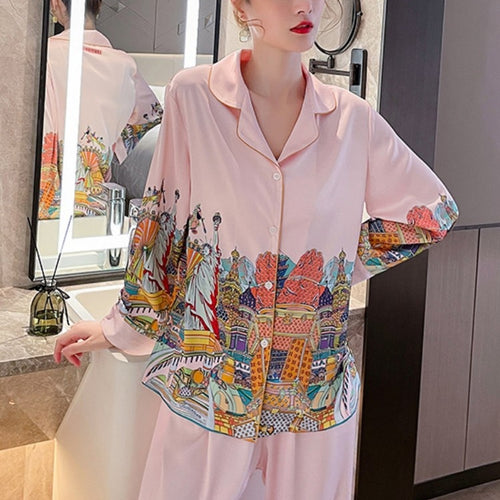 Load image into Gallery viewer, Fashion Women Cardigan Pajamas Spring Autumn Comfortable Imitation Silk Loose Sleepwear Long Sleeved Pants Two Piece Set
