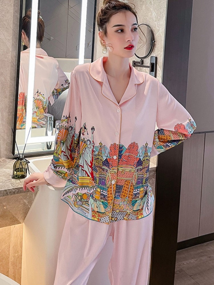 Fashion Women Cardigan Pajamas Spring Autumn Comfortable Imitation Silk Loose Sleepwear Long Sleeved Pants Two Piece Set