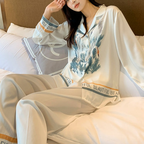 Load image into Gallery viewer, Imitation Silk Pajamas Women&#39;s Spring Autumn Thin Satin Long Sleeve Pants Fashion Printing Comfortable Nightwear Set
