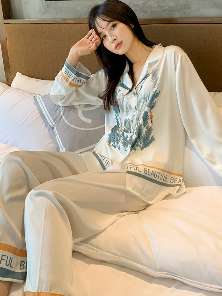 Imitation Silk Pajamas Women's Spring Autumn Thin Satin Long Sleeve Pants Fashion Printing Comfortable Nightwear Set