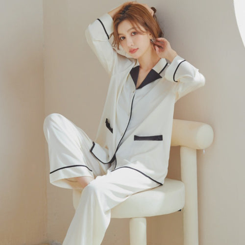 Load image into Gallery viewer, Spring Women&#39;s Imitation Silk Long-sleeved Cardigan Lapel Suit Casual Pajamas Home Clothes Solid Color Two-piece Sets
