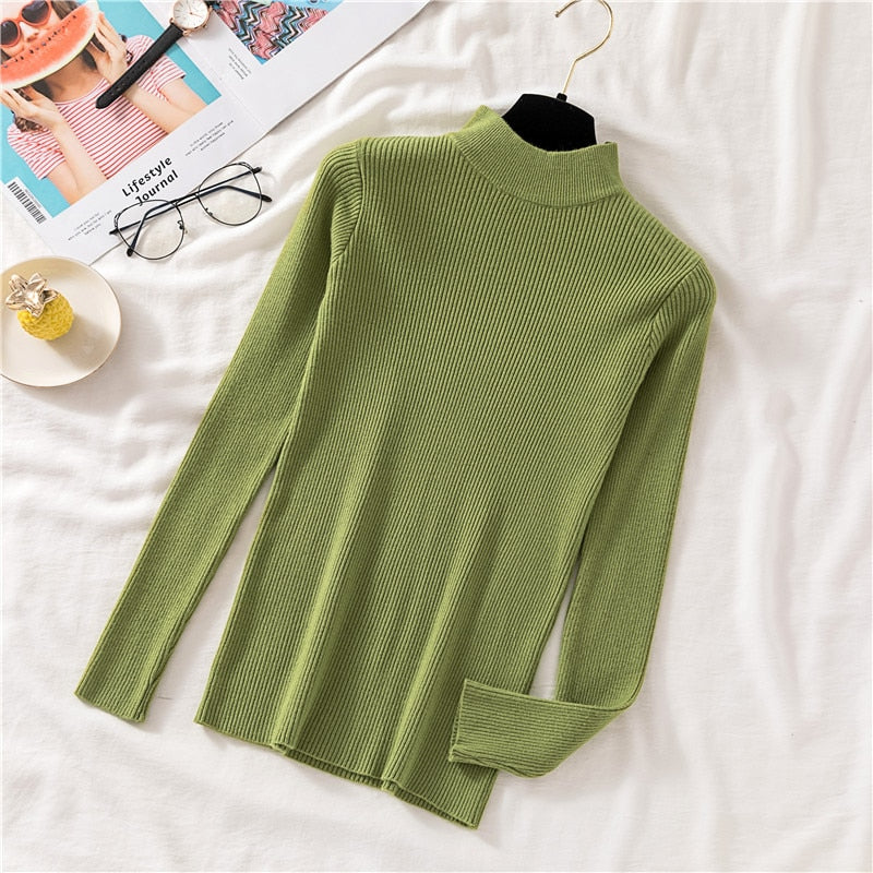 Autumn Women Pullover Sweater Half Turtleneck Long Sleeve Knitted Jumper Winter Elastic Solid Basic Ladies Blouse