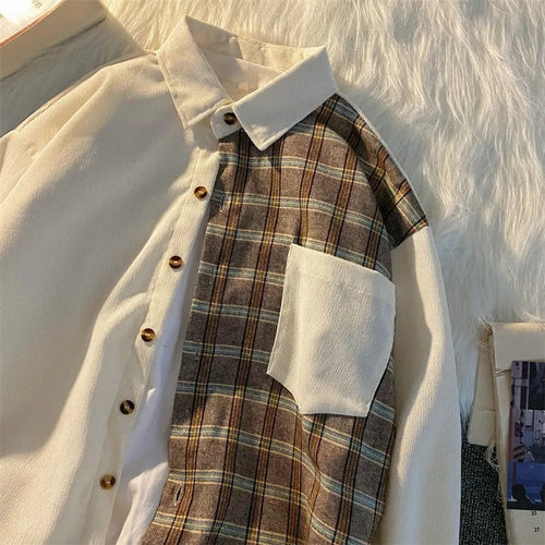Load image into Gallery viewer, Patchwork Women Shirts Spring Korean Design Oversize Button Up Shirt Long Sleeve All Match Vintage Plaid Female Tops
