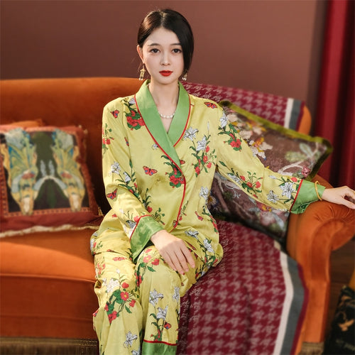 Load image into Gallery viewer, Luxury Homewear Women Imitation Silk Pajamas Satin Nightwear Fashion Flower Printed Long Sleeve Pants Home Clothing Set
