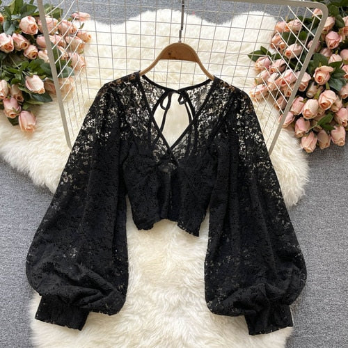 Sexy Hollow Out Women Blouse V Neck Puff Sleeve Lace Crop Top Black Elegant English Style Backless Party Night Ladies Shirt