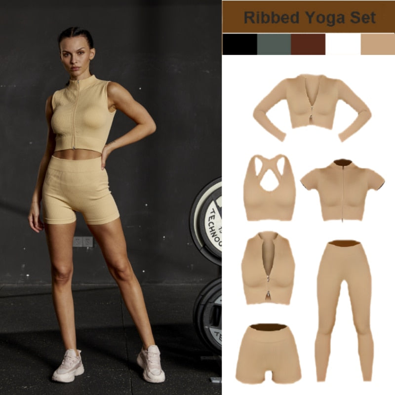 1/2 Piece Ribbed Yoga Set Seamless Zip Crop Top Sport Leggings Tracksuit Shorts Gym Set Women Fitness Workout Outfit Sportwear
