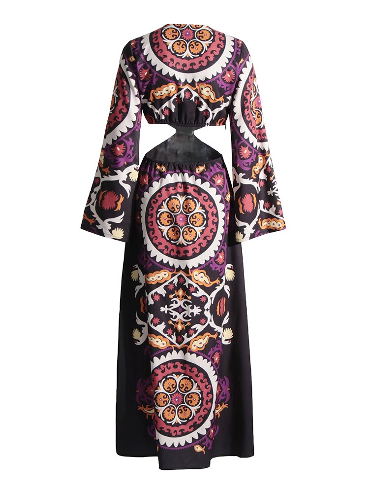 Hit Color Print Elegant Dresses For Women V Neck Long Sleeve High Waist Slim Temperament Dress Female Fashion