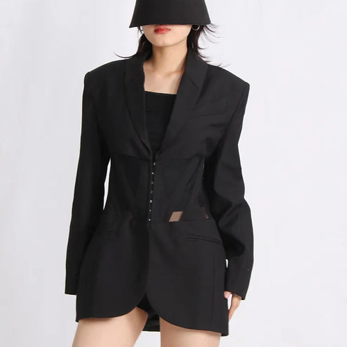 Load image into Gallery viewer, Patchwork Mesh Blazers For Women Notched Collar Long Sleeve Tunic Solid Slimming Sexy Blazer Female Fashion Clothes
