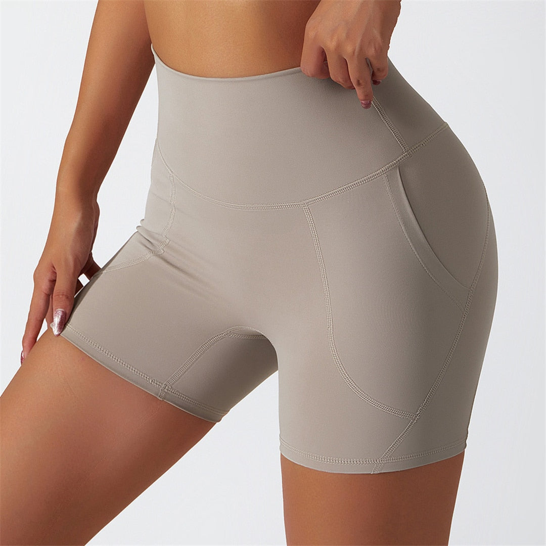 S - XL Seamless Shorts With Pocket Yoga Gym Sport Shorts Butt Lift High Waist Shorts For Women Breathable Fitness Clothing A086S