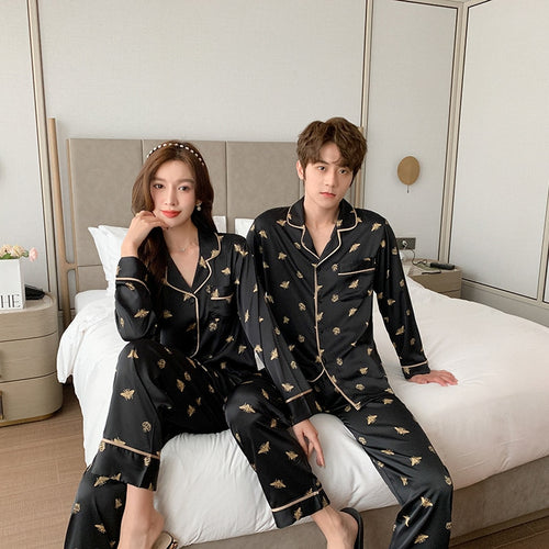 Load image into Gallery viewer, High Quality Women&#39;s Pajamas Set Fashion Bee Print Couple Sleepwear Silk Like Casual Homewear V Neck Men&#39;s Nightwear
