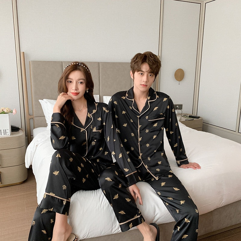 High Quality Women's Pajamas Set Fashion Bee Print Couple Sleepwear Silk Like Casual Homewear V Neck Men's Nightwear