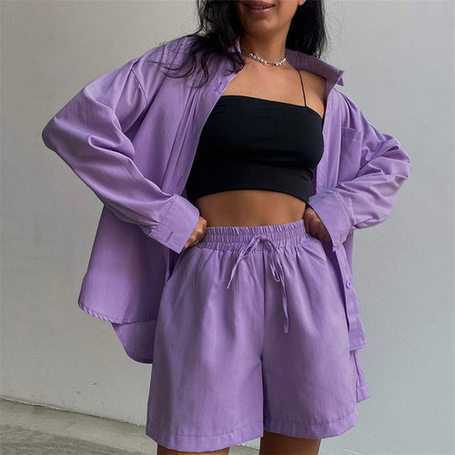 Load image into Gallery viewer, Women&#39;s Pajamas Set Summer Solid Color Fashion Suit Casual Wear Leisure Long Sleeve Shirt Shorts Female 2pcs Homewear
