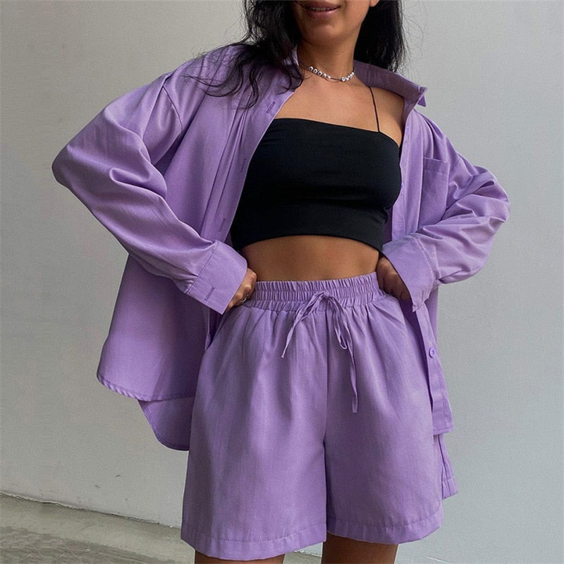 Women's Pajamas Set Summer Solid Color Fashion Suit Casual Wear Leisure Long Sleeve Shirt Shorts Female 2pcs Homewear