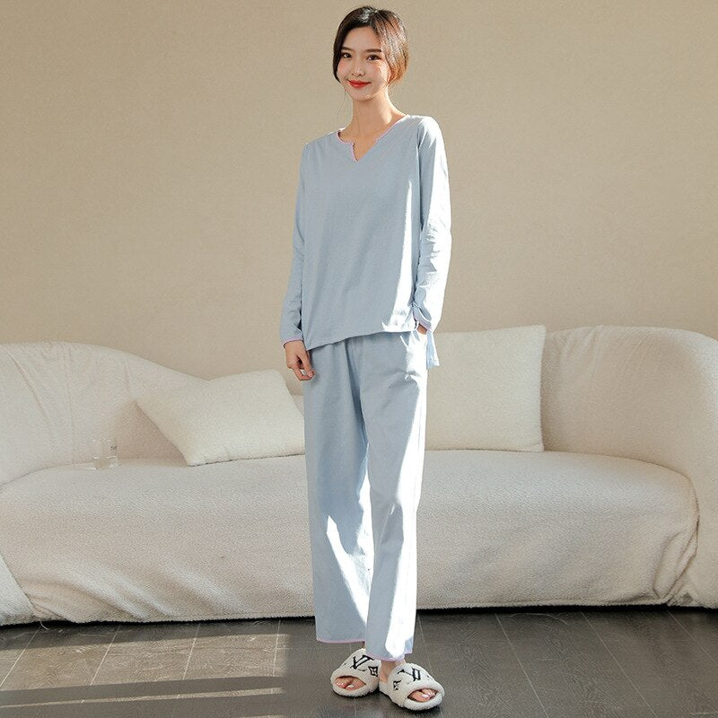 Women's Pajamas Set Simple Solid Color Pure Cotton Sleepwear V Neck Nightwear Casual 2pcs Homewear Nightie Femme