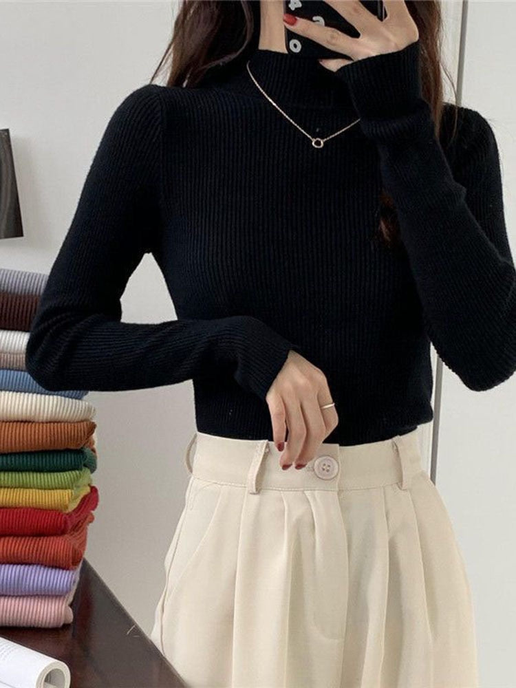 Pullover Women Sweater Autumn Elastic Solid Knitted Female Jumper Long Sleeve Winter Korean Female Basic Tops