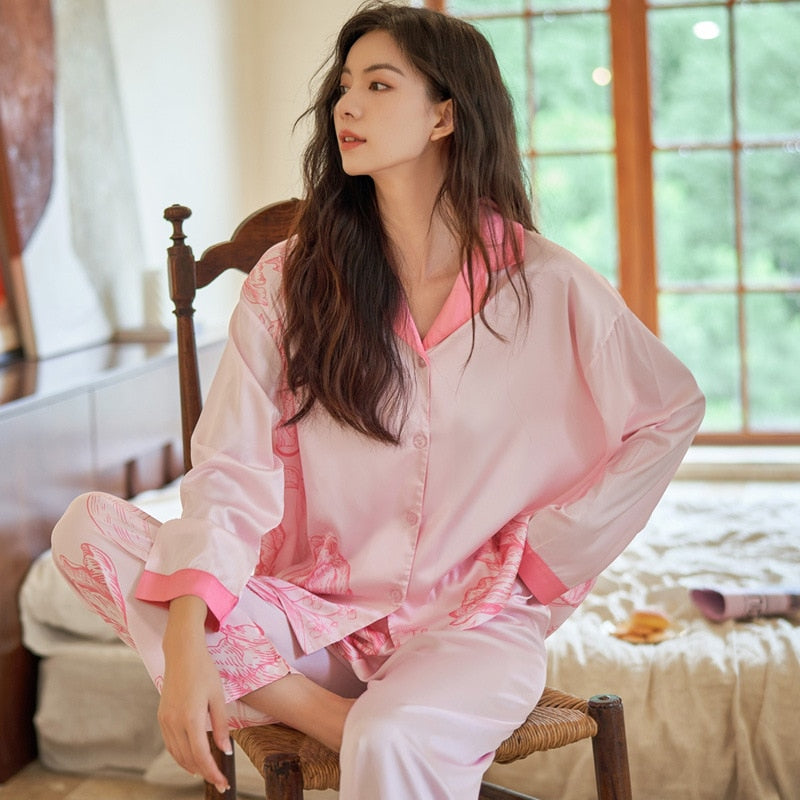 High Quality Women's Pajamas Set Floral Print Faux Silk Nightie Pink Homewear Leisure Simple Sleepwear Loungewear Female