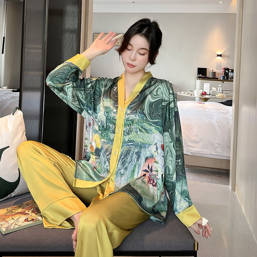 Load image into Gallery viewer, Women&#39;s Pajamas Set Luxury Style Painting Print Sleepwear Satin Silky Touch Homewear V Neck Nightie Casual Home Suit
