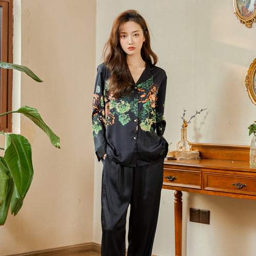 Load image into Gallery viewer, High Quality Luxury Women&#39;s Pajamas Flower Print Silk Like Sleepwear Two Piece Set Casual Breathable Leisure Homewear
