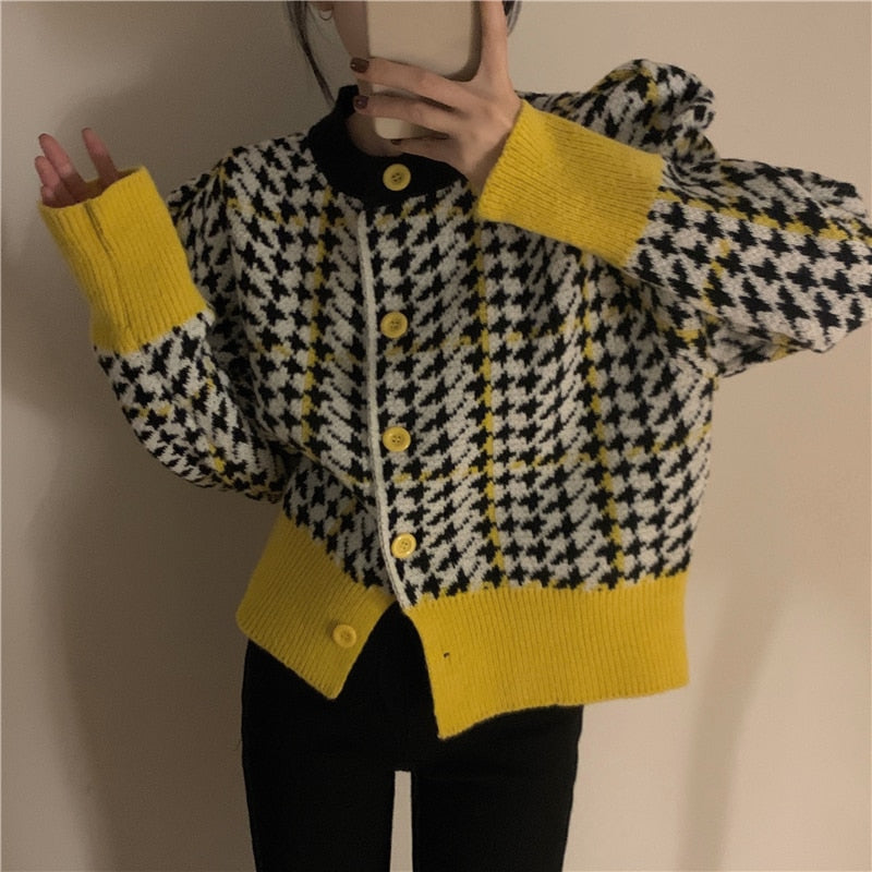 Houndstooth Women Cardigan Sweater Fashion Plaid Loose Korean Single Breasted Patchwork Office Ladies Knitted Coat 2022 New