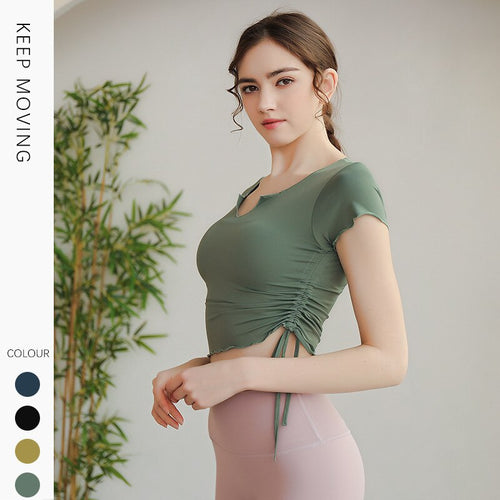 Load image into Gallery viewer, Seamless Women Yoga T-shirt Short Sleeve Drawtring V-neck Cropped Top Gym Running Jogging Active Workout Sportswear 5 Colors
