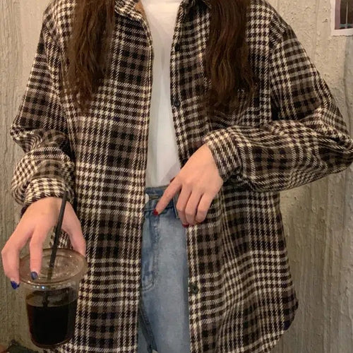 Load image into Gallery viewer, Thick Women Plaid Shirts Korean Winter Warm Fleece Button Up Tops Vintage Turn Down Collar Loose Casual Woolen Female Coats
