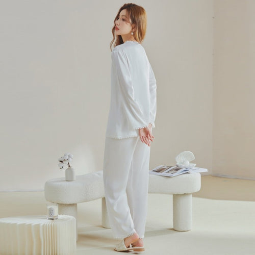 Load image into Gallery viewer, Silk-like Pajamas Women&#39;s Spring Summer Long-sleeved Cardigan Suit Solid Lace Cool Casual Two-piece Home Clothes Set
