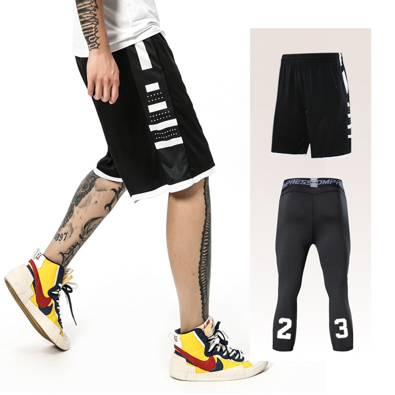 2pcs Set Men Running Shorts Leggings Fitness Compression Sweatpants Gym Jogging Outdoor Sport Basketball Football Clothes v2