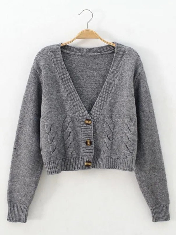 Casual V Neck Women Sweater Twisted Fashion Button Up Cardigan Sweater Fall Korean All Match Knitted Female Thin Coats