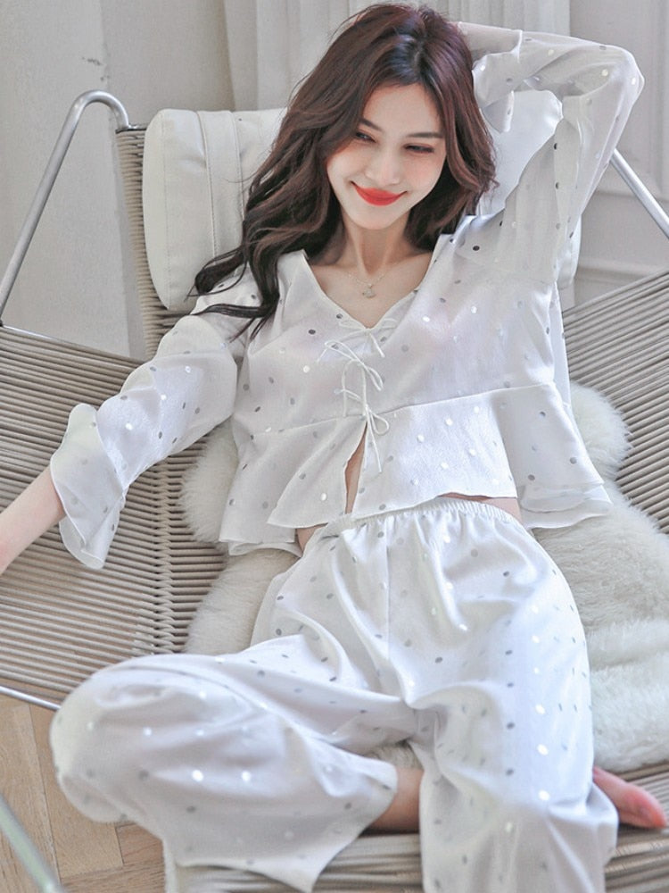 Spring Summer Imitation Silk Pajamas Women's  V-Neck Long Sleeve Pants Two Piece Set Polka Dot Printing Home Clothing
