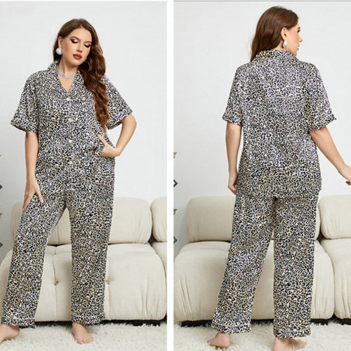 Load image into Gallery viewer, Summer Simulation Silk Black Leopard Printed Large Size Nightdress Women&#39;s Fashion Casual Pajamas Set Sexy Home Clothing
