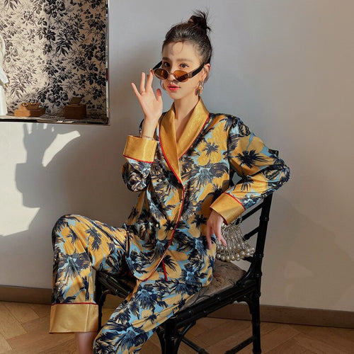 Load image into Gallery viewer, Spring Autumn Pajamas Women&#39;s Thin Silk Like Loose Lapel Long-sleeved Trousers Suit Large Korean Home Clothing Set
