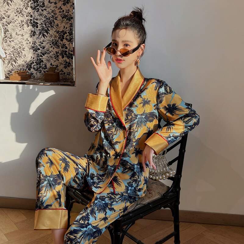 Spring Autumn Pajamas Women's Thin Silk Like Loose Lapel Long-sleeved Trousers Suit Large Korean Home Clothing Set