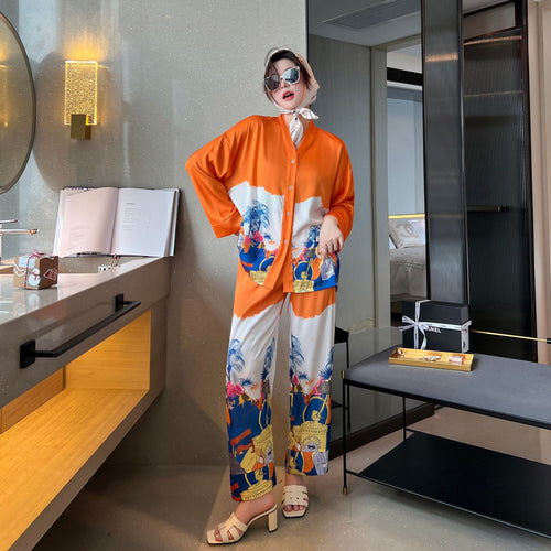 Load image into Gallery viewer, Women&#39;s Pajamas Set Luxury Orange Coconut Print Sleepwear Silk Like Homewear V Neck Nightwear Leisure Loungewear
