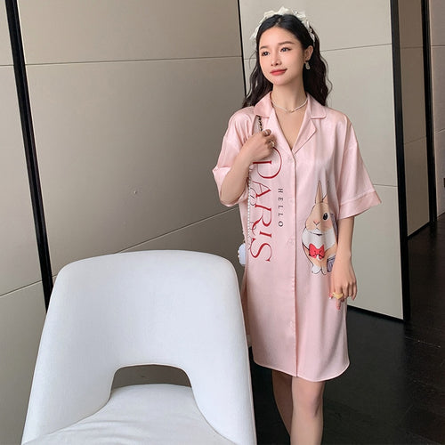 Load image into Gallery viewer, Women&#39;s Summer Lapel Leisure Pajamas Large Size Medium Long Skirt Nightgown Sweet Girls Cartoon Cardigan Home Clothes
