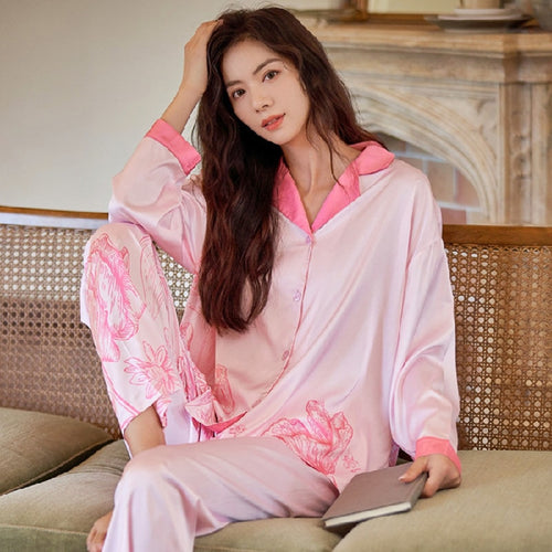 Load image into Gallery viewer, High Quality Women&#39;s Pajamas Set Floral Print Faux Silk Nightie Pink Homewear Leisure Simple Sleepwear Loungewear Female
