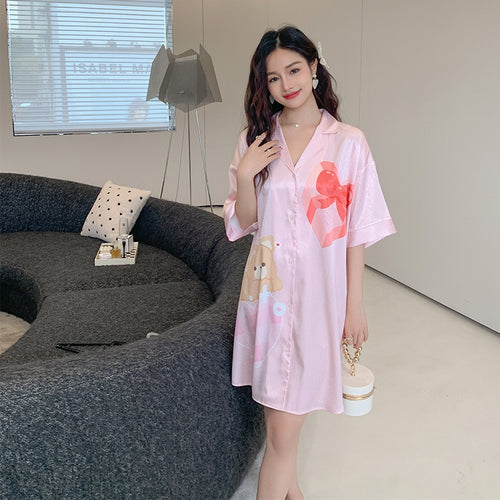 Load image into Gallery viewer, Women&#39;s Summer Lapel Leisure Pajamas Large Size Medium Long Skirt Nightgown Sweet Girls Cartoon Cardigan Home Clothes
