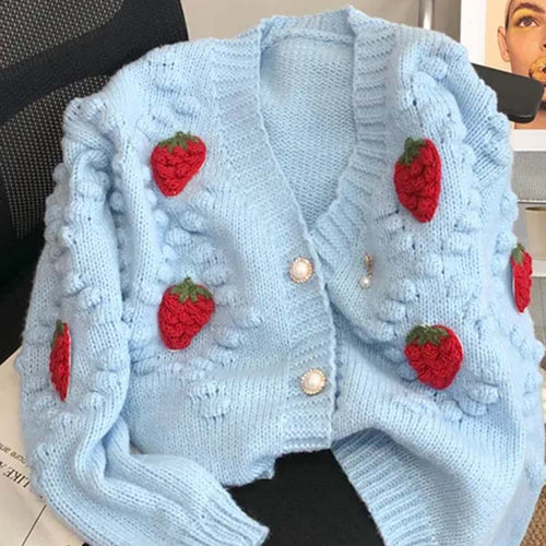 Load image into Gallery viewer, Fashion 3D Strawberry Women Cardigan Winter Elegant Pearl Button Casual V Neck Ladies Knitted Sweater Long Sleeve Coat
