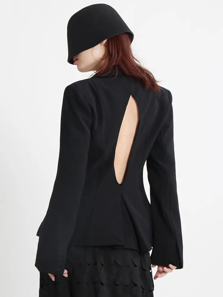 Backless Diamonds Slim Blazer For Women Notched Collar Long Sleeve Solid Minimalsit Blazers Female Clothes