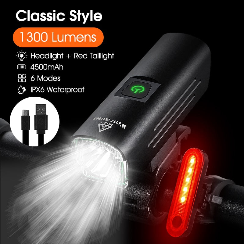 Contest Level Bicycle Light 1300 Lumen USB Rechargeable Flashlight MTB Road Bike LED Headlight Waterproof Rear Lamp