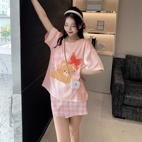 Load image into Gallery viewer, Women&#39;s Silk like Pajamas Cute Short Sleeve Shorts Two Piece Set Round Neck Summer Outwear Casual Home Clothing
