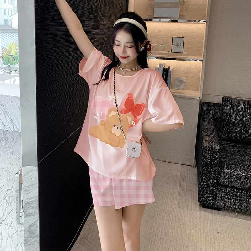 Women's Silk like Pajamas Cute Short Sleeve Shorts Two Piece Set Round Neck Summer Outwear Casual Home Clothing