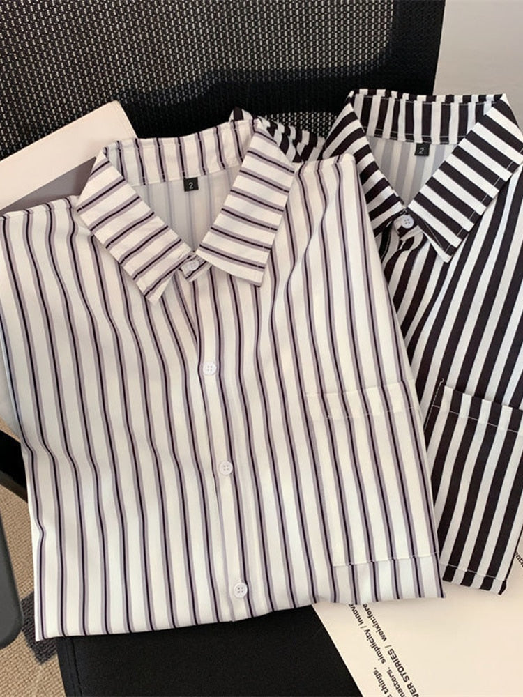 Fashion Striped Women Shirts Oversize Loose Long Sleeve Shirts Spring Elegant Single Breasted Office Ladies Korean Tops