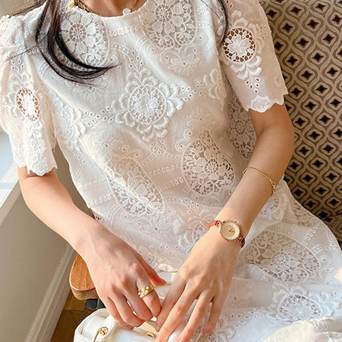 Load image into Gallery viewer, Patchwork Embroidery Dresses For Women Round Neck Short Sleeve High Waist Temperament Dress Female Fashion Clothing
