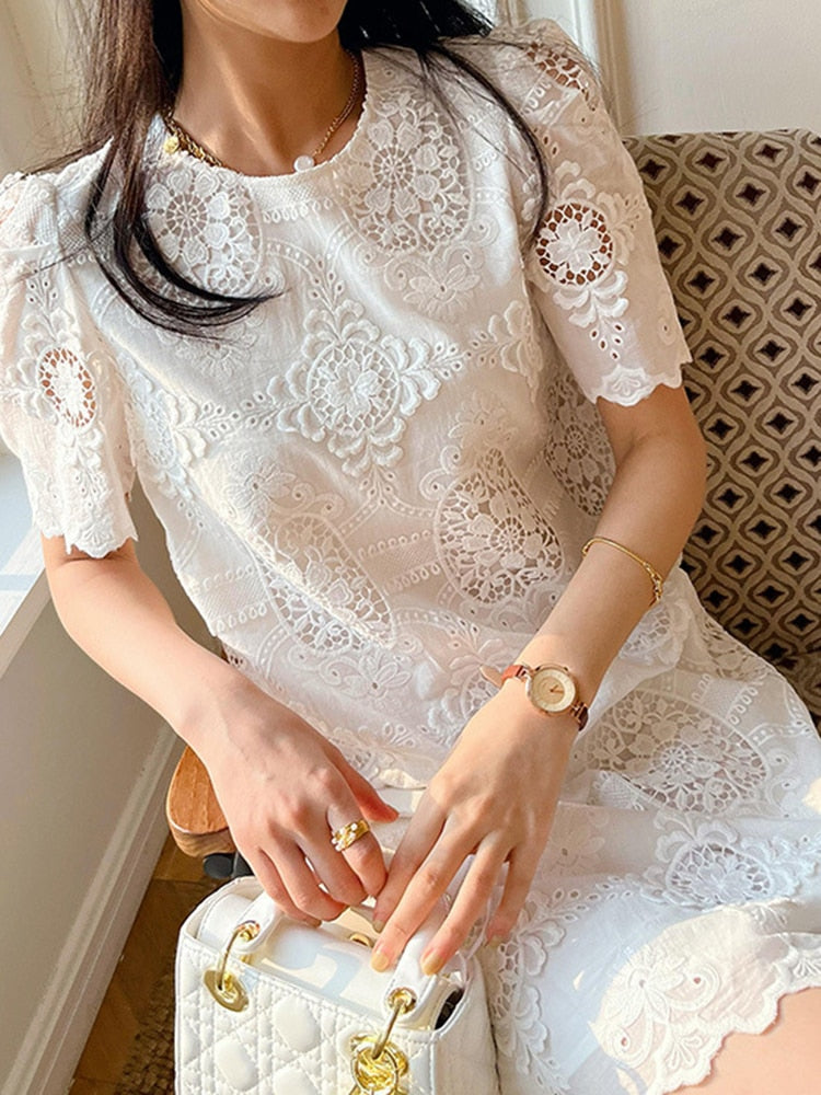 Patchwork Embroidery Dresses For Women Round Neck Short Sleeve High Waist Temperament Dress Female Fashion Clothing