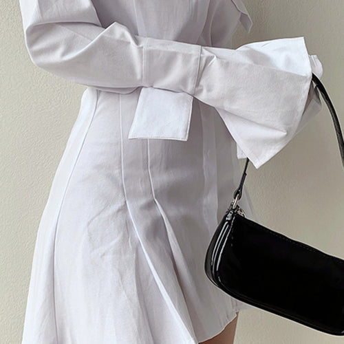 Load image into Gallery viewer, Mini Solid Shirt Dress For Women Lapel Flare Sleeve Patchwork Single Breasted Tunic Temperament Dress Female Summer
