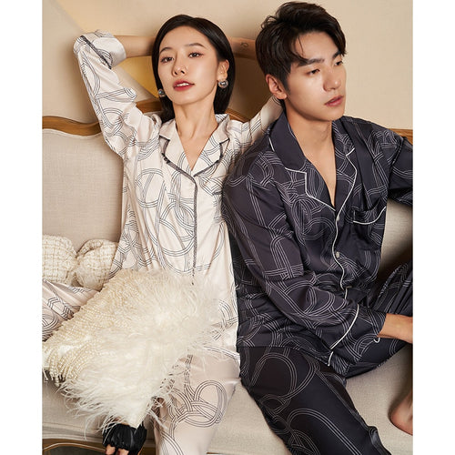 Load image into Gallery viewer, High Quality Women&#39;s Pajamas Set Silk Like Sleepwear Stripes Print Couples Homewear Men Nightwear Luxury Pyjamas Femme
